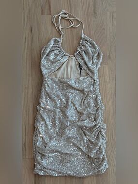 Hello Molly Champagne Sequin Ruched Halter Dress